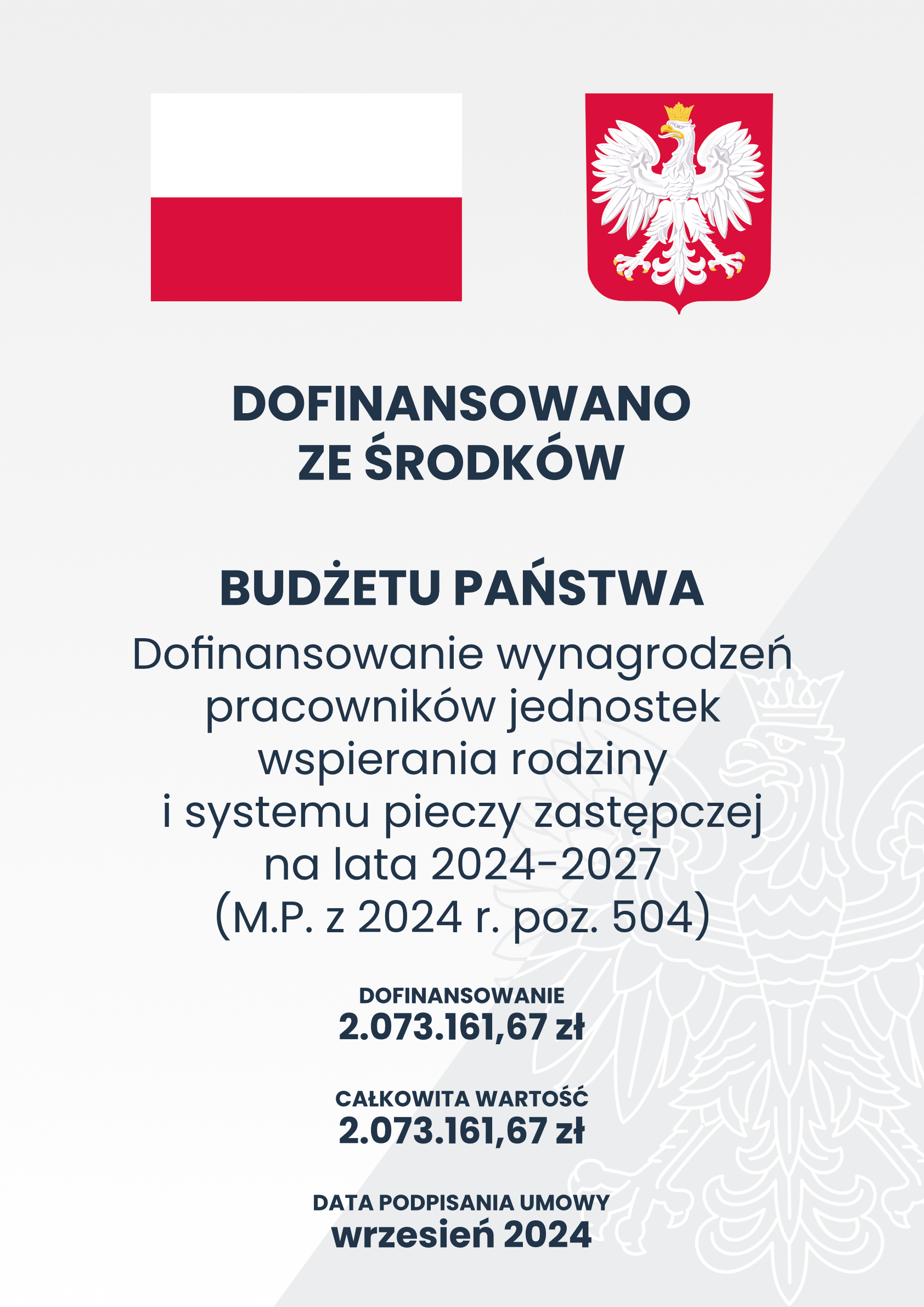 Plakat informacyjny dotyczący uzyskanego dofinansowania ze środków budżetu Państwa